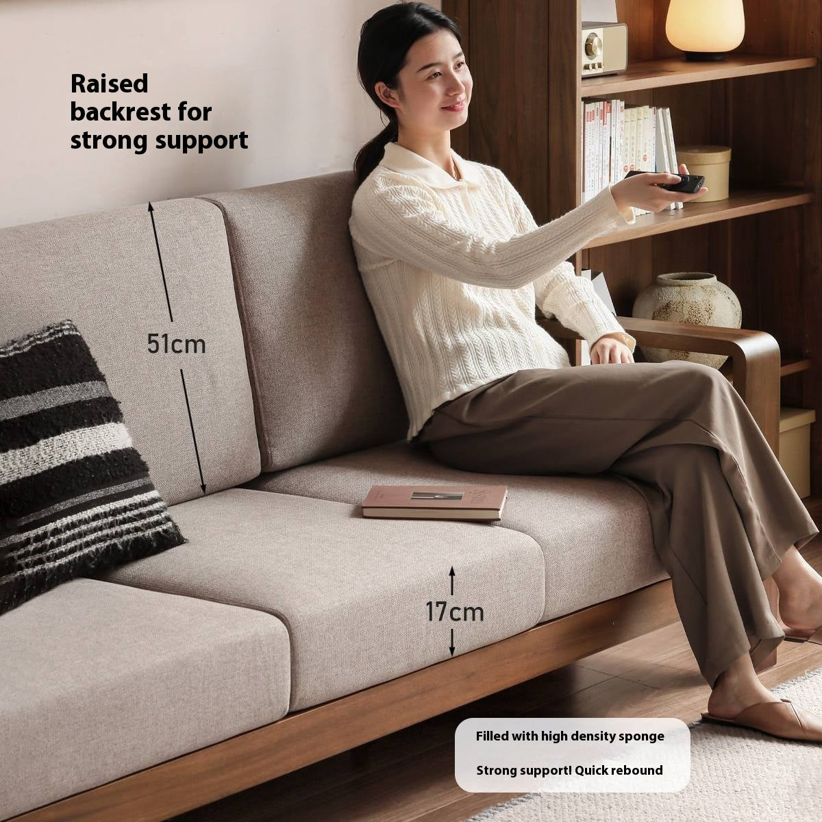 Walnut Solid Wood Three Seat Fabric Sofa