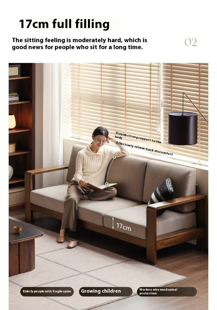 Walnut Solid Wood Three Seat Fabric Sofa