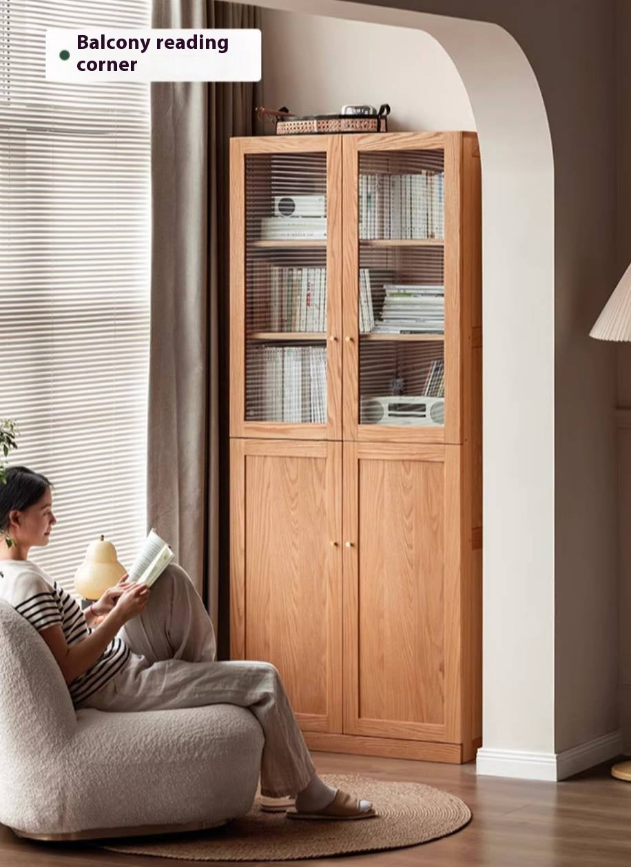 Oak, Rubberwood Solid Wood Bookcase With Glass Doors
