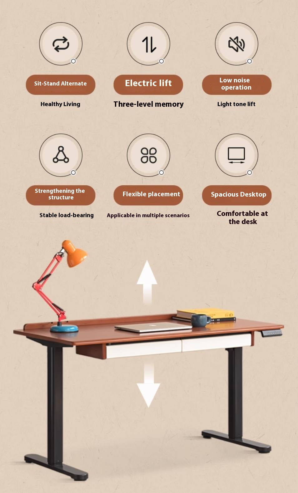 Poplar Solid Wood Antique Style Office Desk With Electric Lift