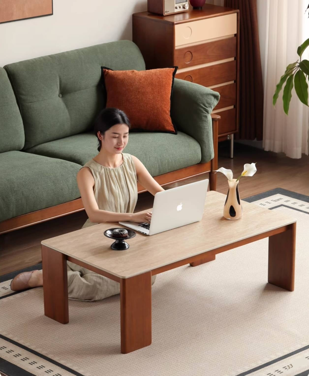 Poplar Solid Wood Medieval Style Rock Plate Coffee Table