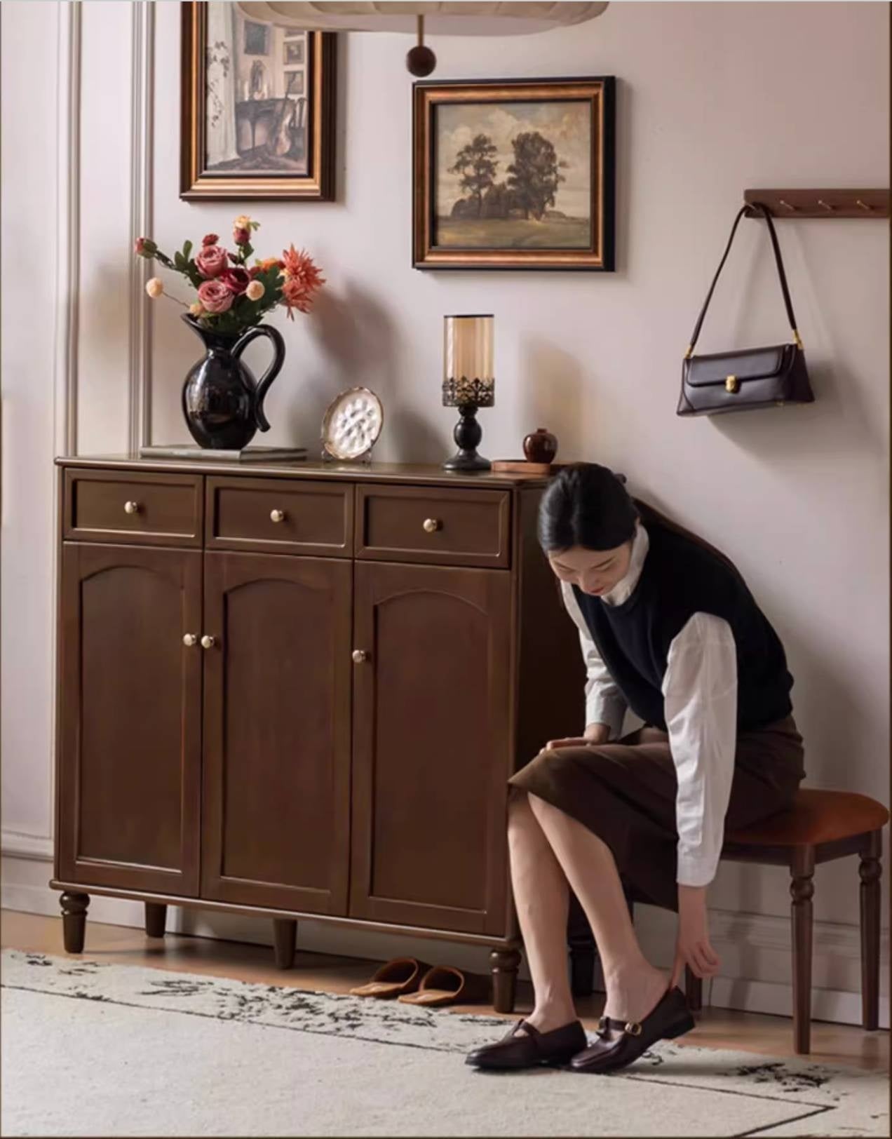 Poplar Solid Wood American Retro Shoe Cabinet