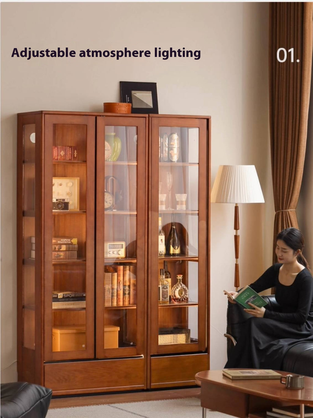 Poplar Solid Wood Antique Style Glass Bookshelf