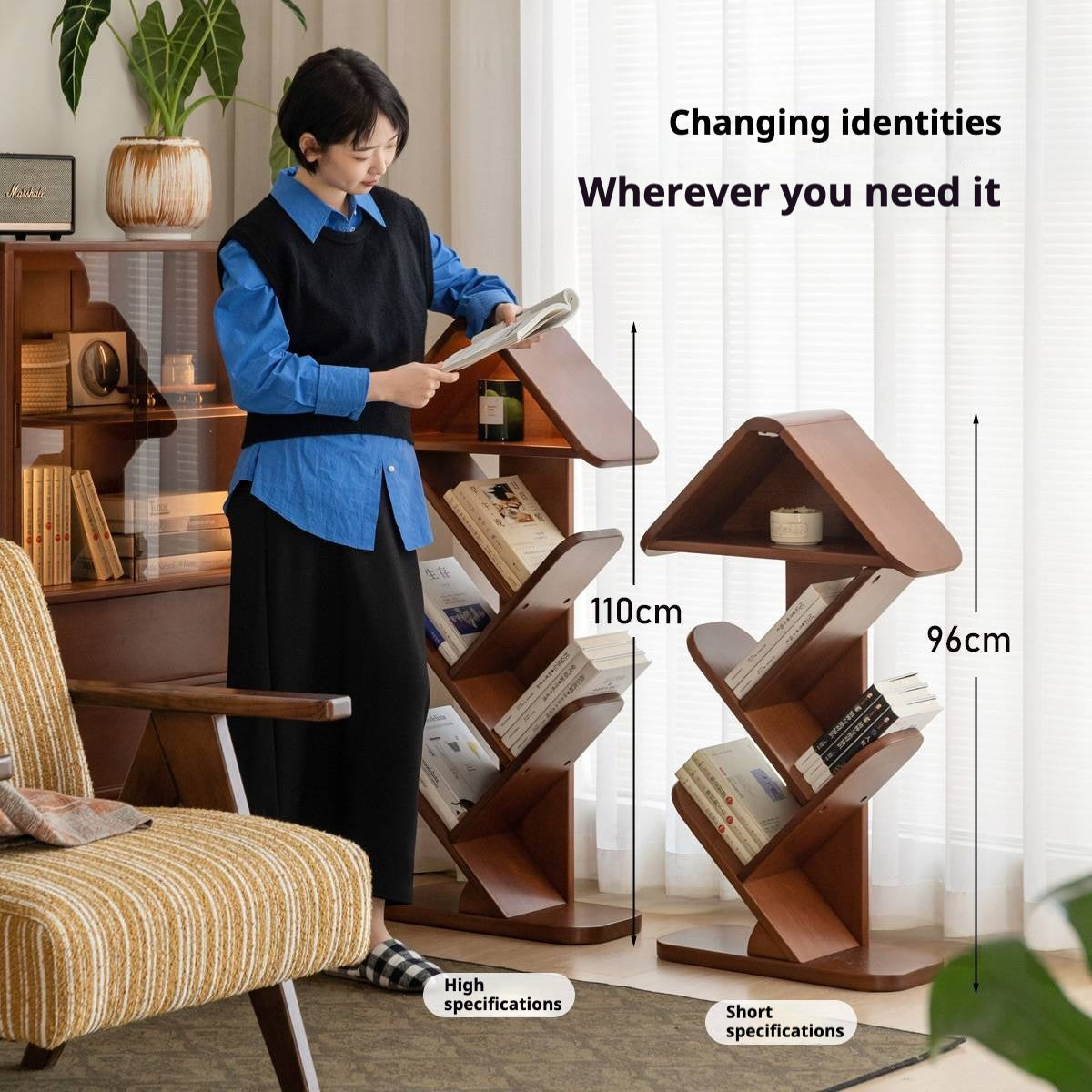 Poplar Solid Wood Mid Century Style Bookshelf And Newspaper Rack