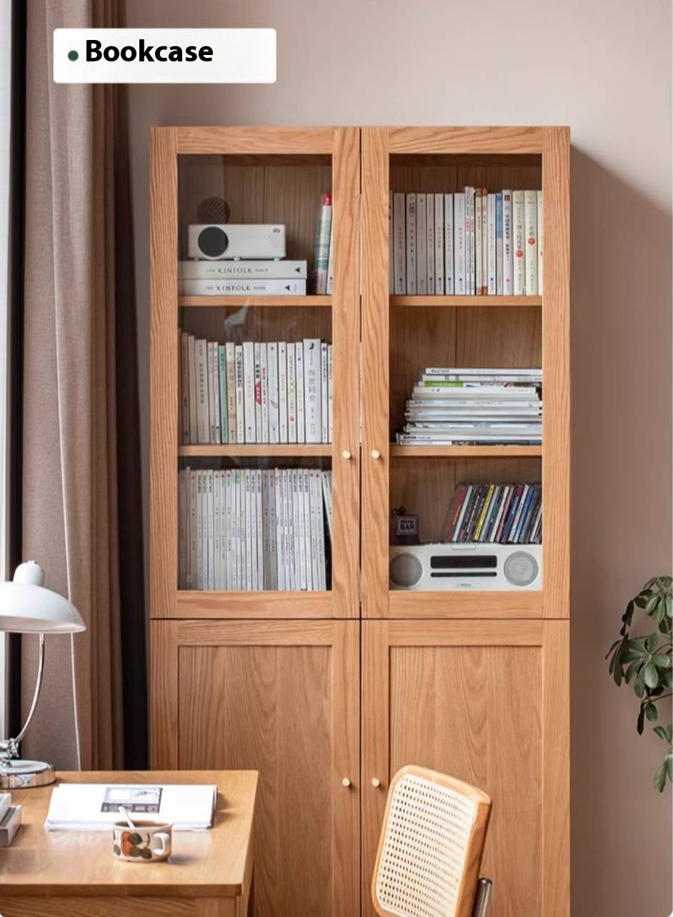 Oak, Rubberwood Solid Wood Bookcase With Glass Doors